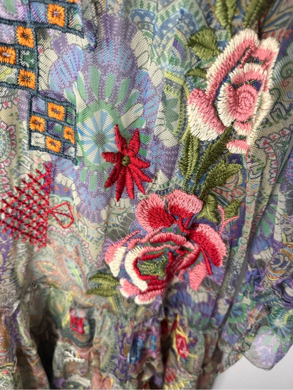 Johnny Was Pastel Floral Embroidered Boho Minidress in Lavender, Mint, Pink - Picture 2 of 6